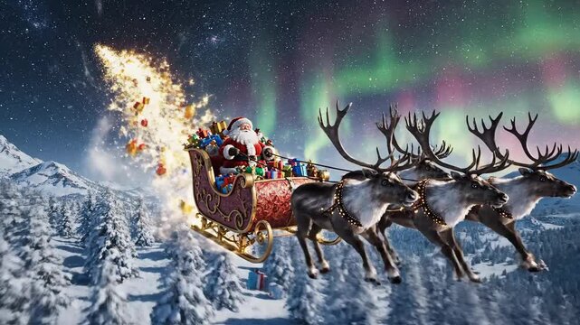 Santa Claus and reindeer sleigh soar through starry night sky with vibrant aurora borealis over snowy mountains, delivering gifts