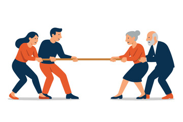 Young and senior teams competing in a tug of war game symbolizing generational conflict