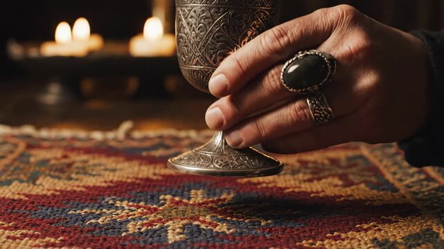 A hand gently lifts an ornate goblet, reflecting soft candlelight. Surrounded by rich tapestry, the atmosphere breathes tranquility and historic charm, inviting deeper contemplation.