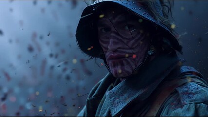 A person with a patterned face and a wide-brimmed hat stands amidst swirling particles.