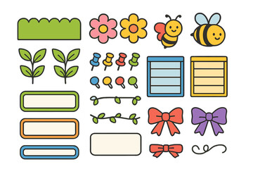 Cute graphic elements set with bees, floral icons, pushpins, ribbons, and colorful memo frames