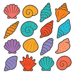 Vibrant collection of colorful marine seashells and spiral snail shells on a white background