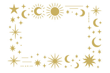 Golden celestial border frame featuring suns moons and sparkling stars for mystical design
