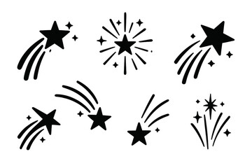 Stylized shooting stars and sparkle burst icons in black silhouette design