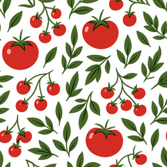 Vibrant seamless repeating pattern featuring ripe red tomatoes and lush green foliage
