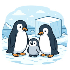 Cute penguin family standing together on an icy landscape with snow and clouds