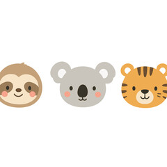 Adorable cartoon animal faces featuring a sloth, koala, and tiger cub