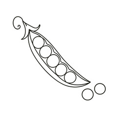 Black and white line art of an open pea pod revealing fresh green peas