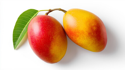 Fototapeta premium Two ripe mangoes in vibrant orange and red lie on a clean white surface, showcasing freshness Generative AI