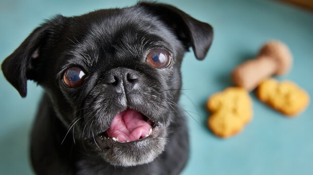Black Pug dog is looking at the camera with its mouth open. There are two cookies on a table in front of the dog - Powered by Adobe