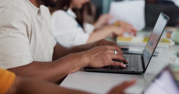 Computer, hands and person in classroom for studying, education or assignment at university. Laptop, research and student learning for college test or exam in lecture with scholarship at school.