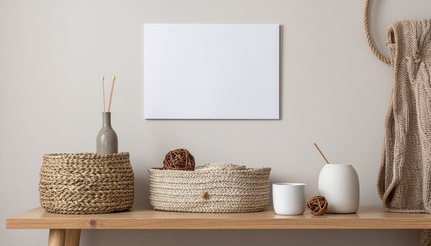 Minimalist interior of a living room with a horizontal empty poster frame mockup on a beige wall, a wooden console, and natural boho accessories