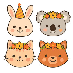 Adorable cartoon animal faces set: rabbit, koala, cat, and fox wearing floral crowns