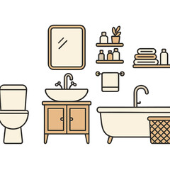 Minimal outline style collection of essential bathroom furniture and accessories