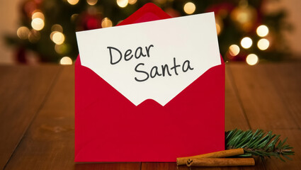 Red envelope with a handwritten-style “Dear Santa” card displayed on a wooden table, with warm Christmas lights and cozy holiday decor softly glowing in the blurred background