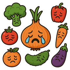 Collection of cute cartoon sad vegetables and produce characters crying