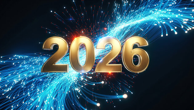 Golden 2026 numerals glow amidst vibrant futuristic digital energy streams