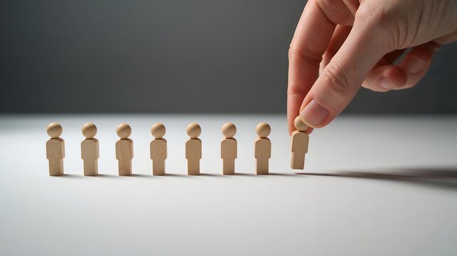 a hand placing the last wooden figure in a line of other wooden figures, illustrating concepts of recruitment, and selection