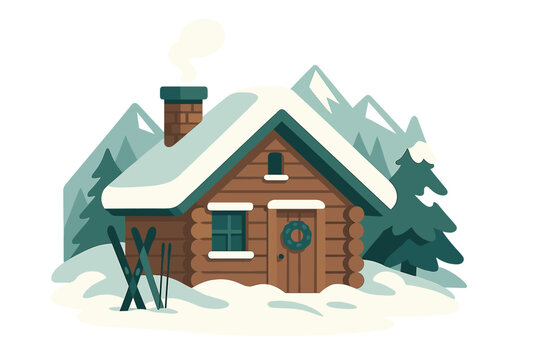 Cozy wooden log cabin covered in snow with skis and a wreath in a winter mountain landscape