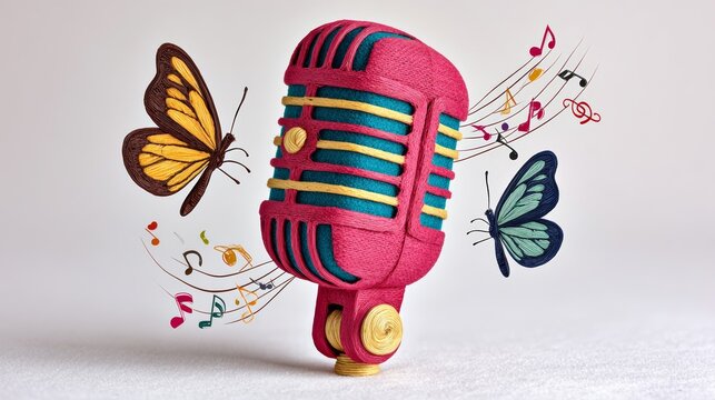 Pink microphone with butterflies and music notes on it. The butterflies are in different colors and are flying around the microphone. Scene is playful and whimsical