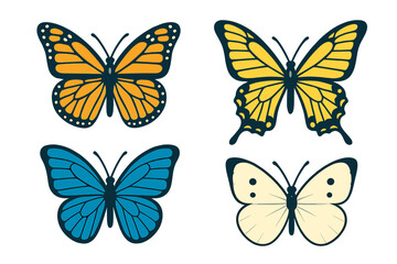 Set of four colorful stylized butterflies including monarch and swallowtail designs