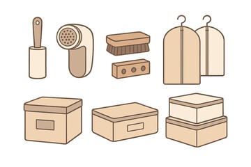 Set of household items for garment care and closet organization including brushes and storage