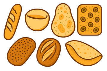 Assortment of fresh baked goods including baguette, rolls, flatbread, and focaccia bread