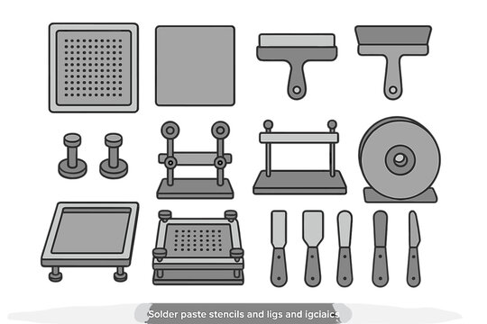 Electronic assembly tools set with solder paste stencils, fixtures, and scrapers for PCB work