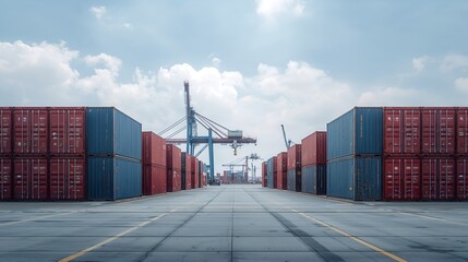 Fototapeta premium cargo containers stacked at a shipping port, showcasing global trade and logistics. The containers are in rows, under a blue sky
