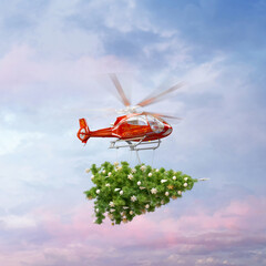Santa Claus flying a red helicopter carrying a decorated Christmas tree through the sky. Creative holiday concept. Santa delivery, festive mood, joyful celebration. Seasonal greeting card, holiday ads