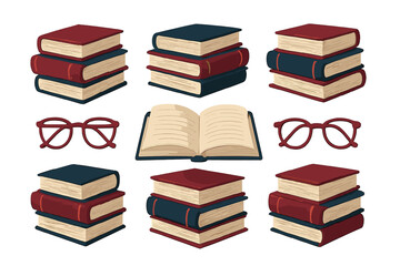 Seamless pattern of classic stacked books, open notebook, and vintage reading glasses for study and learning