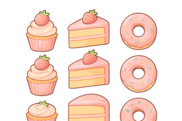 Seamless pattern of pink desserts, cupcakes, cake slices, and frosted donuts with strawberries