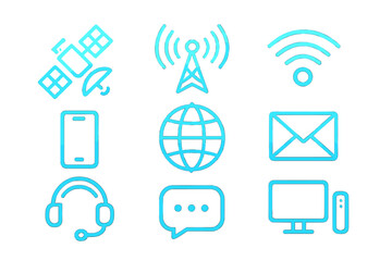 Essential blue symbols for global communication, wireless technology, internet, and customer support services