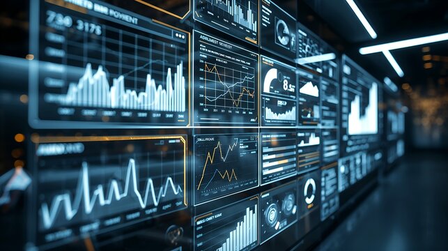 Data analysis on a futuristic digital display, showcasing charts, graphs, and statistical data. The screens are lit with a cool blue glow, creating a high-tech atmosphere