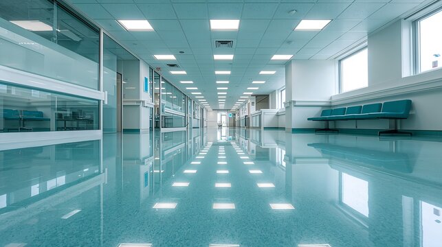 a spacious and modern hospital corridor with a reflective floor and bright lighting