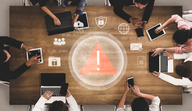 Red warning triangle representing a cybersecurity threat or data breach alert, surrounded by digital security and network protection icons, symbolizing cyber risk awareness Parse