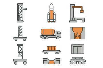 Heavy industry and manufacturing symbols including space technology and logistics transportation