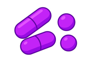 Purple medicine capsules and round tablets isolated on white background for healthcare