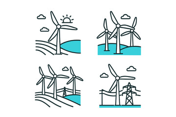 Outline icons depicting wind energy generation and electricity transmission