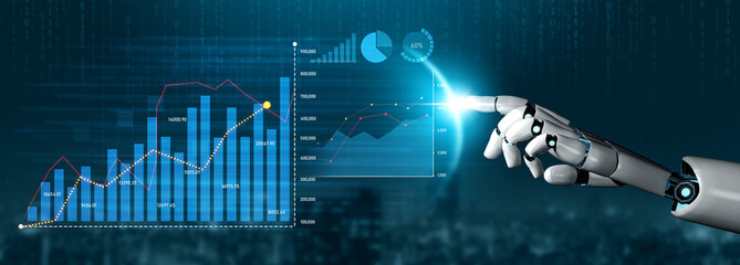 A robotic hand reaches out towards dynamic data visualizations, symbolizing the blend of technology and analytics in modern finance and business strategies. Scalp