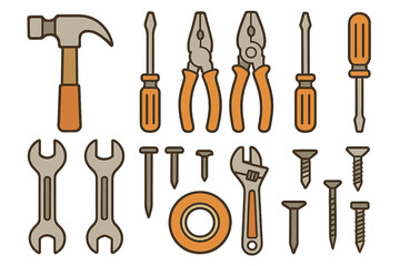Collection of essential hand tools and hardware items for construction and home repair