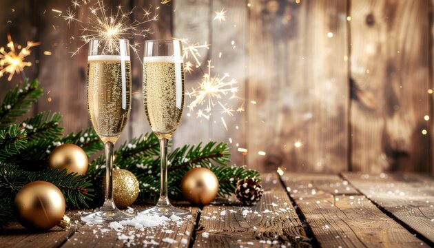 Celebrating new year's eve with sparkling champagne toast rustic wooden setting festive decor warm atmosphere close-up view joyful celebration concept - Powered by Adobe