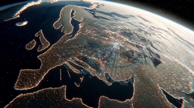 A view of Europe at night from space, showing city lights illuminating the continent and the curvature of the Earth.