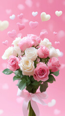 Fototapeta premium A bouquet of pink and white roses shines on a soft pink heart-filled background Generative AI