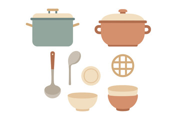 Modern kitchenware collection featuring cooking pots, serving bowls, ladle, and spoon