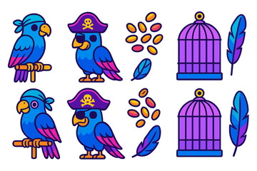 Vibrant cartoon parrots including a pirate bird with cage feathers and seeds