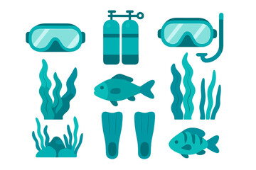 Essential scuba diving gear collection including mask, fins, oxygen tank, and colorful tropical fish © Andrei