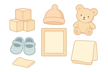 Set of essential baby items: teddy bear, building blocks, shoes, hat, and blanket
