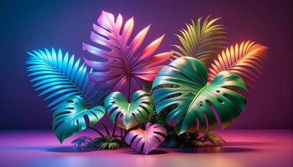 Minimal colorful jungle concept art with exotic plants in vivid rainbow tones. Painte 