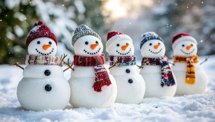 Winter wonderland cheerful snowmen in a snowy landscape holiday decor outdoor setting family-friendly fun captivating viewpoint for seasonal celebration